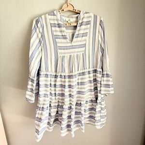 Entro Dress  White Blue Striped Babydoll Ruffles Flowy Cottagecore V-Neck Large